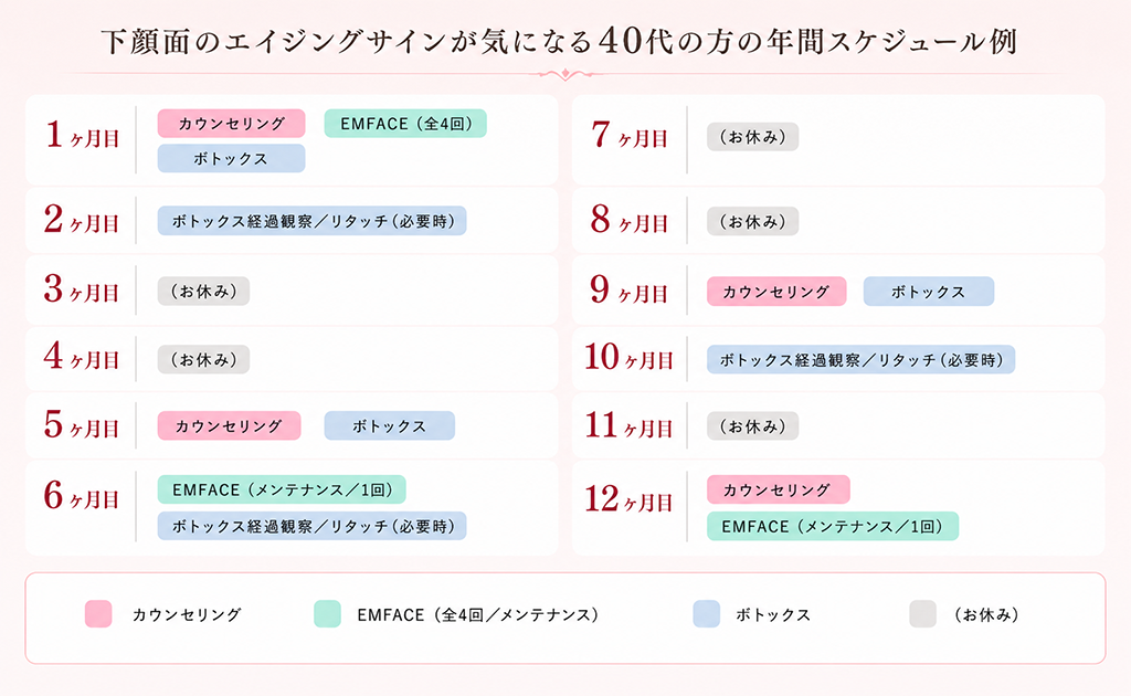 下顔面のエイジングサインが気になる40代の方の年間スケジュール例
